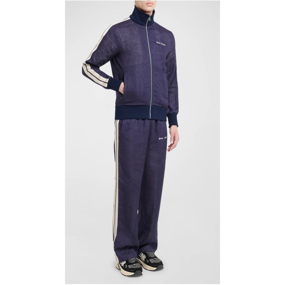 PALM ANGELS Classic Logo Striped Linen Track Pant Navy